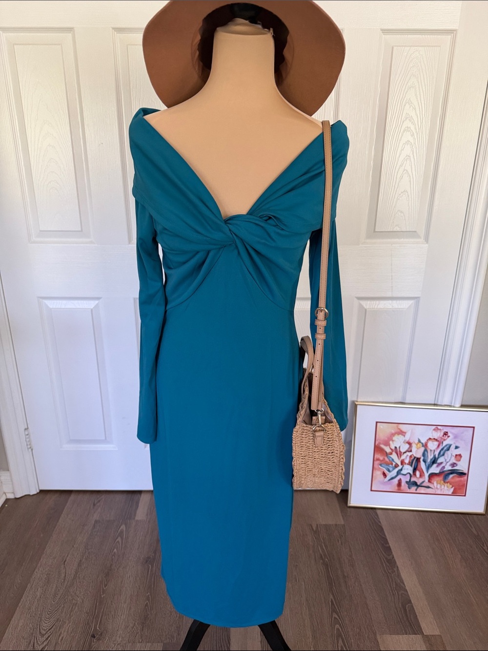 Mango Teal Twist-Front Long Sleeve Midi Dress off shoulder